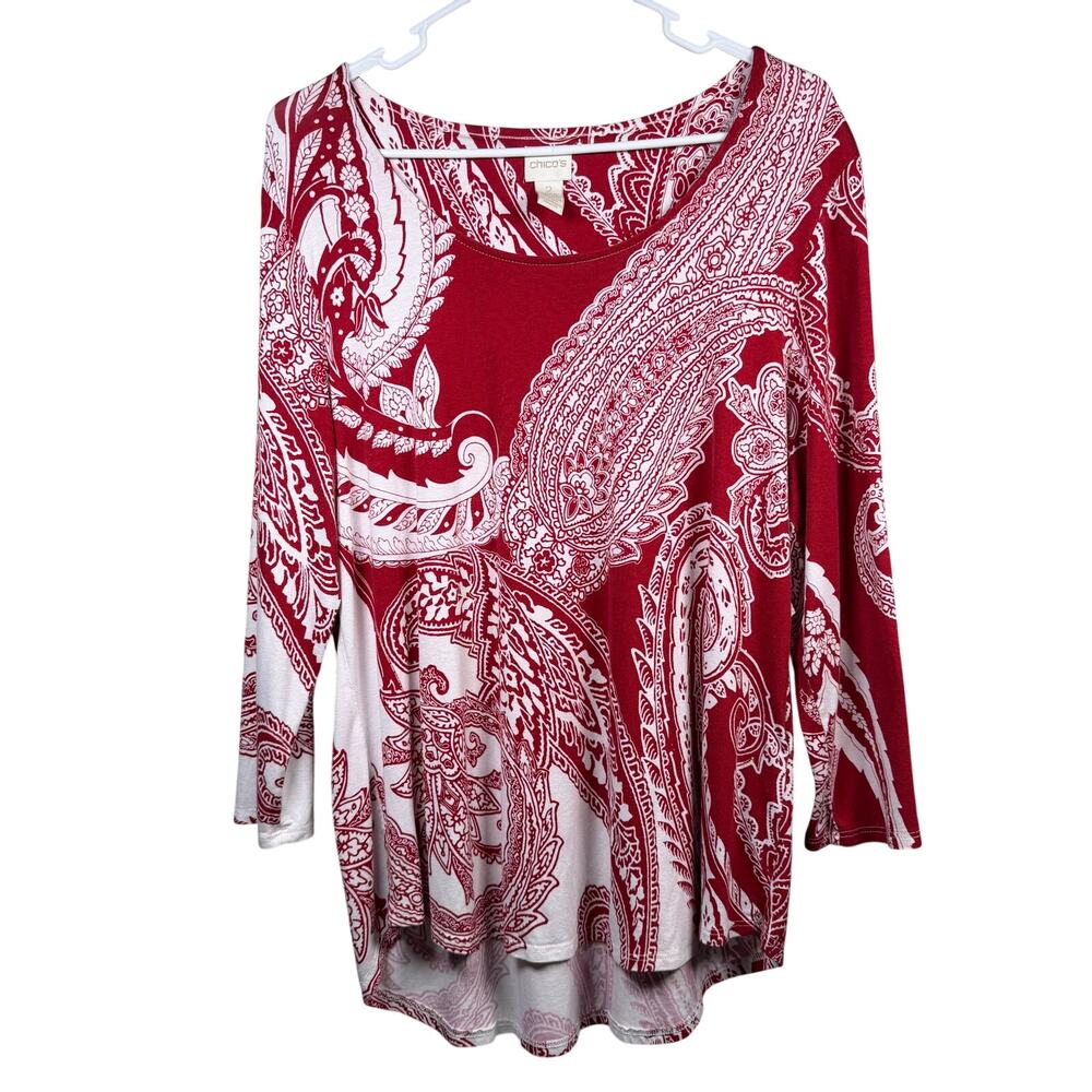 Chico's Blouse Women's Size 2 Large Red White Paisley 3/4 Sleeve Scoop Neck